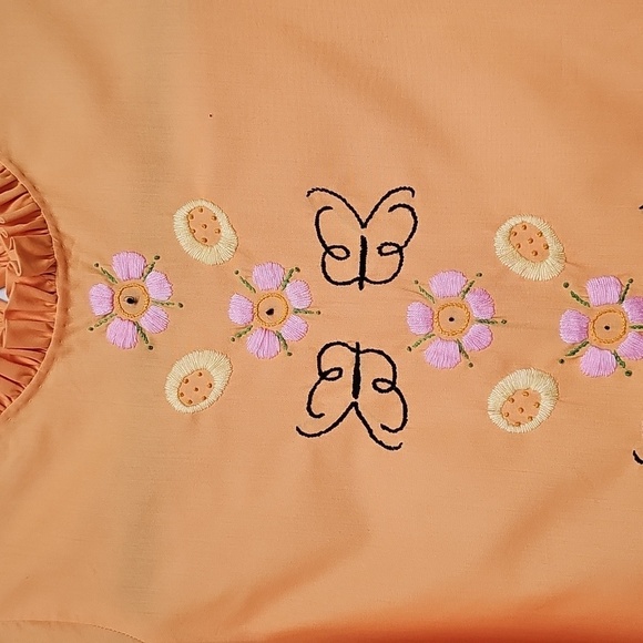 Vtg Handmade Floral Butterfly Embroidered A-line Dress Ruffle Neck - Picture 2 of 10